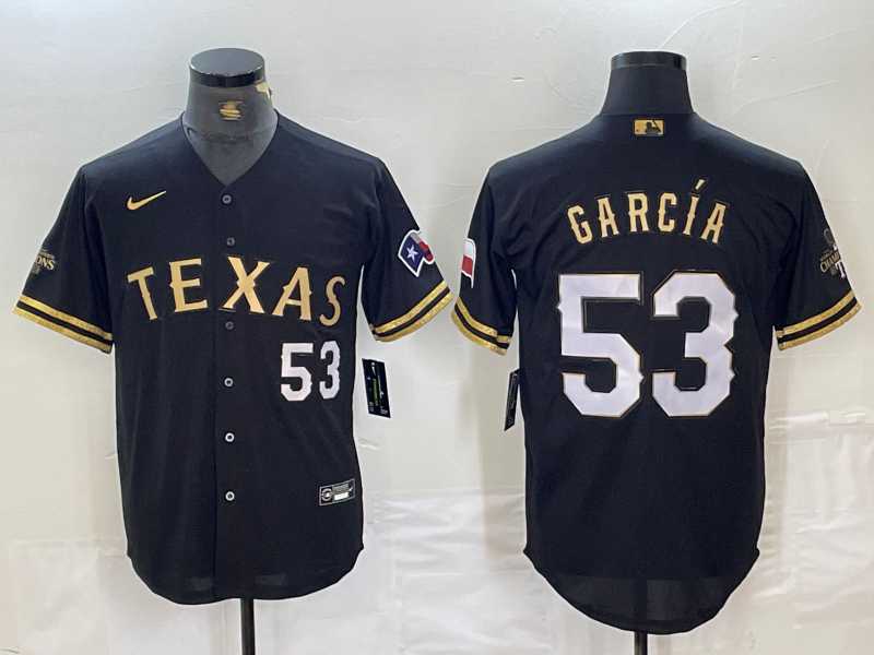 Men%27s Texas Rangers #53 Adolis Garcia Black Gold Cool Base Stitched Baseball Jersey